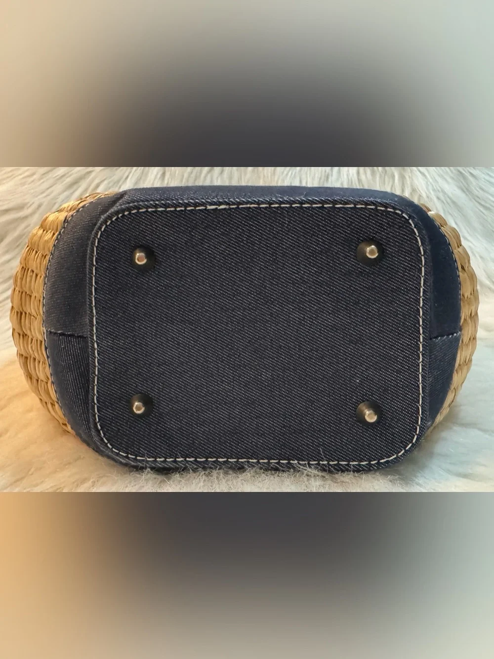 Bath & Body Works Denim & Raffia Small Satchel Tote Buckle Blue Natural GUC